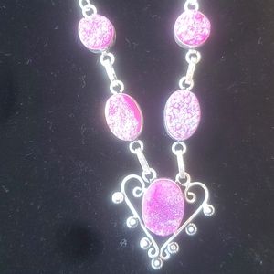 New Rough Pink Titanium Druzy Heart Shaped 925 Silver Necklace.